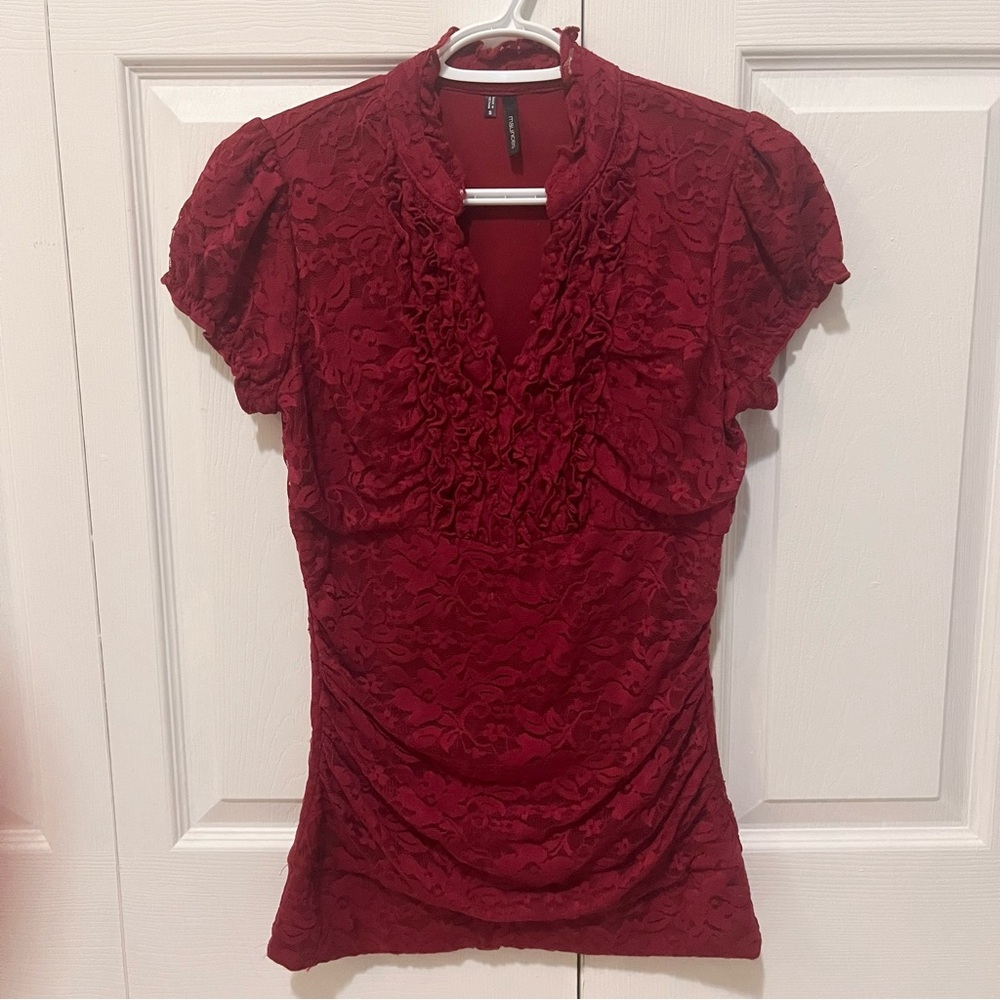 Vintage Maurices Red Floral Lace Frill Blouse Milkmaid Babydoll Y2K Office Siren